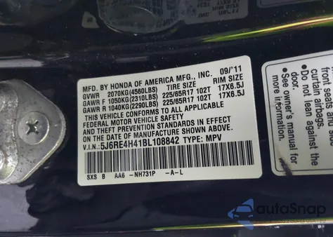 2011 Honda Cr-V Se from USA, damaged, VIN 5J6RE4H41BL108842